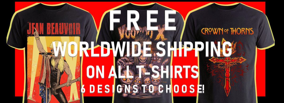 OneRiffMerch's tweet photo. FREE WORLDWIDE SHIPPING on Jean Beauvoir, Crown of Thorns and Voodoo X tees. 6 custom designs to choose from #jeanbeauvoir #kissband #paulstanley #FeelTheHeat #theramones https://t.co/vOzr8pEaGZ