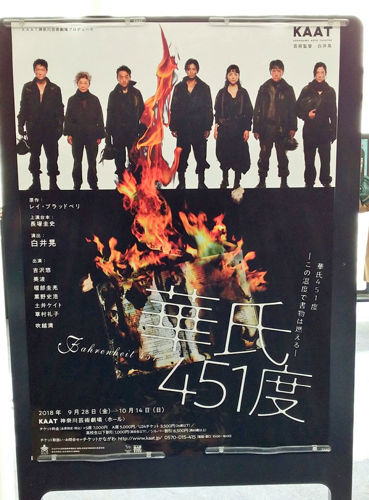 もりちゃん 華氏451 神奈川芸術劇場 かつて映画化もされたレイブラッドベリの古典sf それの舞台劇 思想統制の為に書物を焼却する当局とそれに抵抗する人々や疑問をもった当局側兵士の静かなる戦い ネット万能社会への風刺ともとれる崇高なるステージ