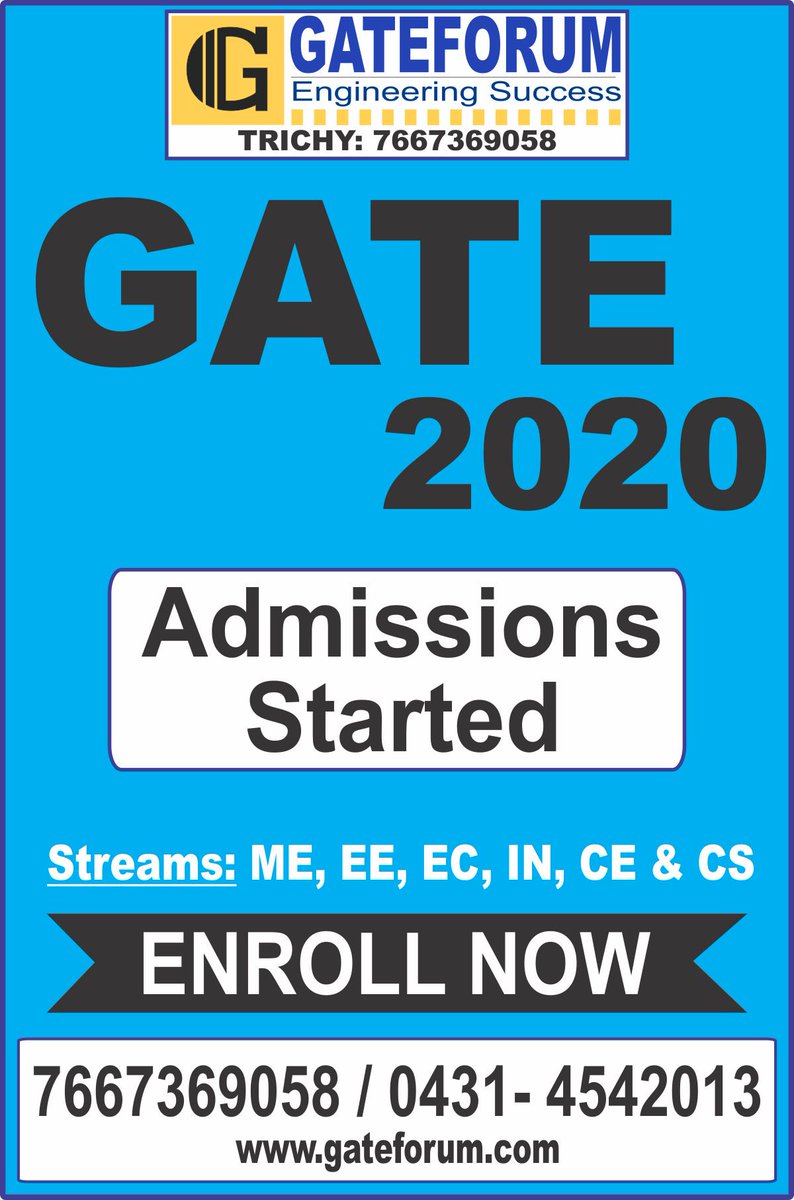 GATEFORUMTRICHY's tweet photo. For GATE Aspirants!
 GATE 2020/21 Batch Admissions Started. Join now.
 GATEFORUM TRICHY. Ph: 7667369058, 0431-4542013
 https://t.co/F1TXGDDh0y
 #gate20coaching #bestgatecoachingcentre #bestresultingate
 #gateforumtrichy #gatecoaching #gateaspirants https://t.co/YY4SKMCpLR
