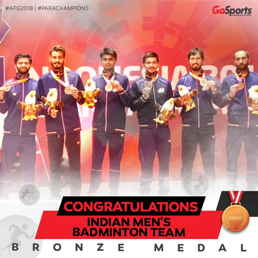 GoSportsVoices's tweet photo. Indian Men's Badminton team gets the Asian Para Games campaign underway with a podium finish as they clinch a bronze medal on the first day of the tournament. Congratulations👏🏻
#APG2018 #ParaChampions #PlayToConquer https://t.co/YSz4ZsAXIb