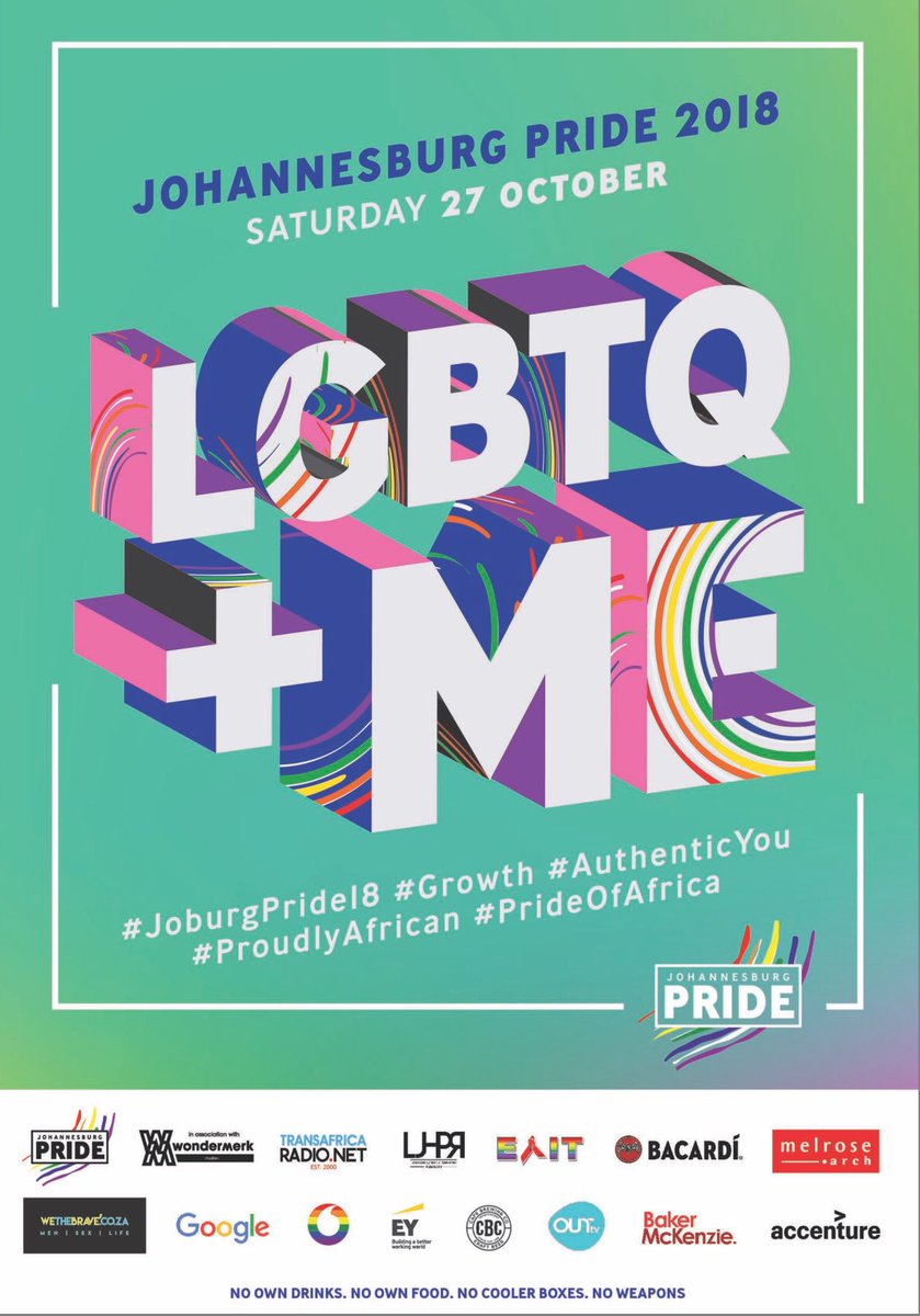 JhbPride's tweet photo. Johannesburg Pride, the Pride of Africa 27 October 2018
Gates open at 09:00 &amp; Parade leaves at 13:00
🌈🌈🌈🌈🌈 #joburgpride18 #joburgpride #prideofafrica #authenticyou #prideatmelrose #pride #green #growth #proudlyafrican #lgbtq #pridemonth https://t.co/KkvNTygM8J