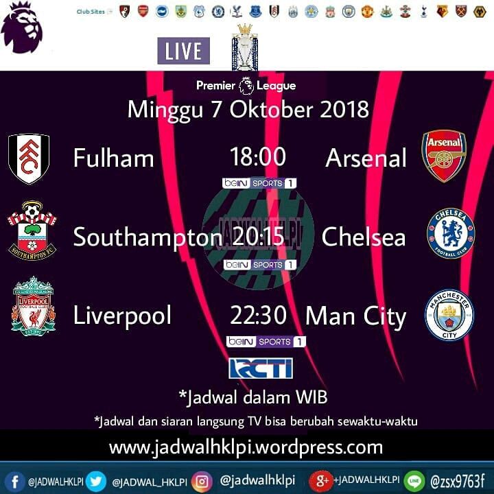 JADWAL_HKLPI's tweet photo. Tiga pertandingan di hari Minggu 7 Oktober 2018 ini akan menutup Liga Primer Inggris Pekan 8.

Fulham 18:00 Arsenal
Southampton 20:15 Chelsea
Liverpool 22:30 Man City

Prediksi skor akhir?

#premierleague #ligainggris #jadwalhklpi #bola #football #souche #fulars #livmci  #rcti https://t.co/KhQjKmFLV3