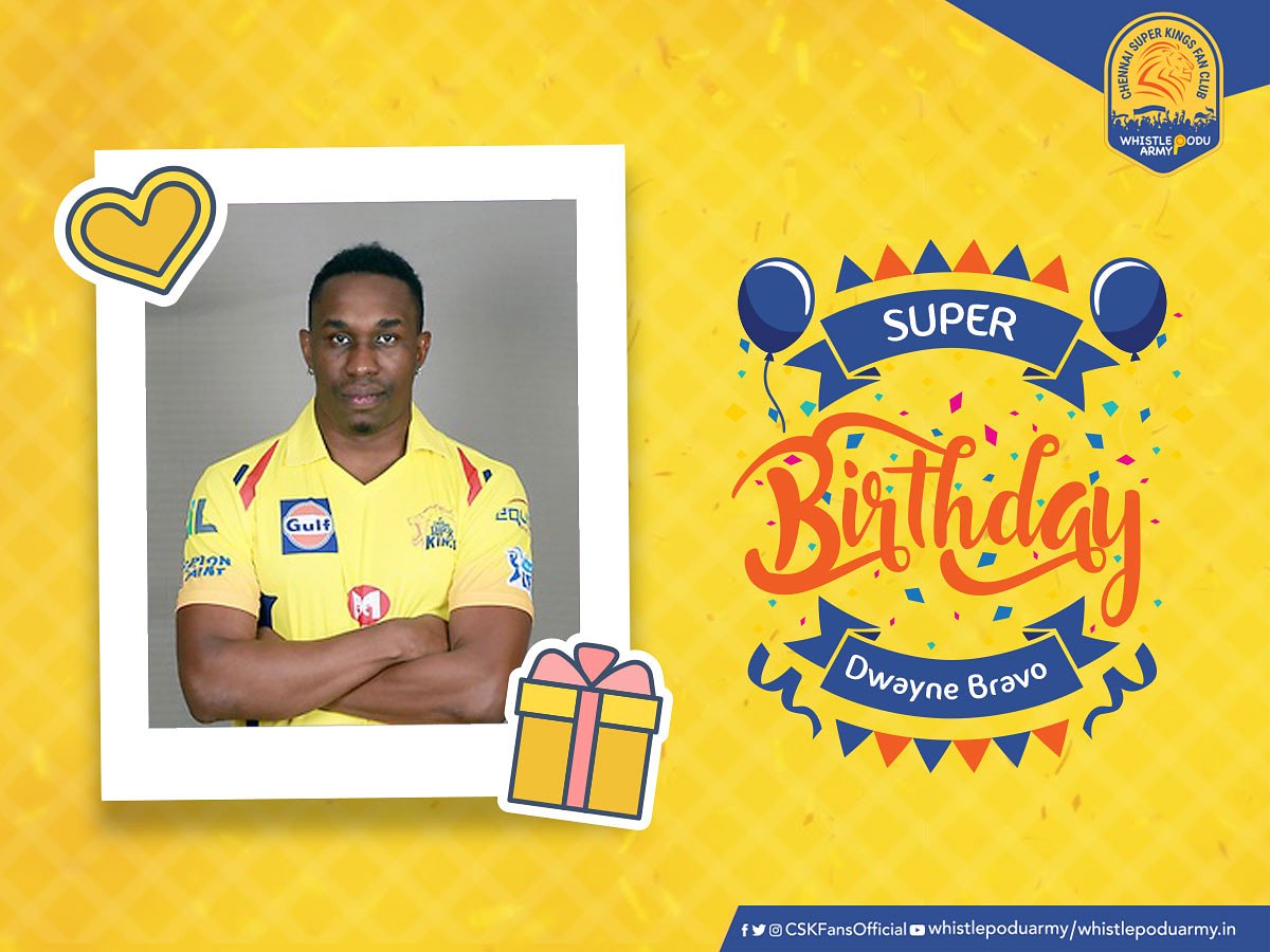 CSKFansOfficial's tweet photo. It's our Champions Birthday!๐บ
Let's shower him with all the Yellove๐
@DJBravo47 Thanks for all the entertainment on & off field.
#WhistlePodu๐ฆ #RunDWorld https://t.co/1pzjNEJL2D
