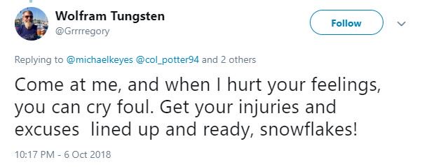 michaelkeyes's tweet photo. This is a response after making fun of a Nam vet's cancer. His cancer is his excuse. This is a liberal for you. Crusading around calling everyone else a horrible person. #liberalhypocrisy #cancersurvivor #cancerisnotajoke. 👉@Grrrregory https://t.co/kk6Ix0PycY