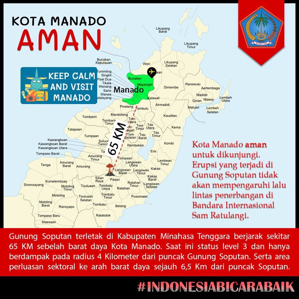 PemerintahSULUT's tweet photo. Kota Manado AMAN untuk dikunjungi. Erupsi Gunung Soputan tidak akan mepengaruhi lalu lintas di Bandara Internasional Sam Ratulangi.
#IndonesiabasmiHoax https://t.co/cY6LxjfHA4