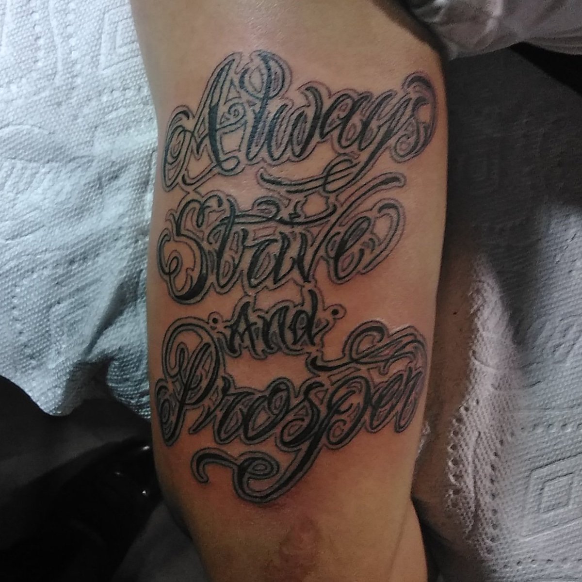 tattsbychris's tweet image. Jus killed this lettering on homi @grivs_ using @stencilstuff and @fusion_ink it was his first tatt! Hmu to set up an appointment thanks for looking! #script #scriptkillas #tattooexpo #tatted #inked #firsttattoo #lettering #clean #stayonyourgrind