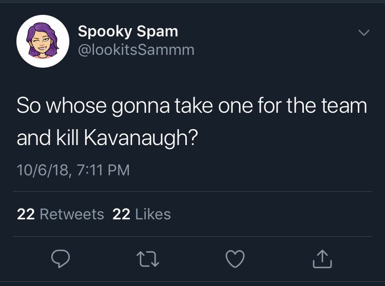 ConservaMomUSA's tweet photo. This is the incendiary rhetoric that germinates from the anarchistic, hateful, extremist ideology of the radical left- hope @FBI &amp; @SecretService look really closely at @lookitsSammm’s death threat toward #JusticeKavanaugh! 
#StayMad
#RememberInNovember and #VoteRedToSaveAmerica https://t.co/3rs0mvIYY4