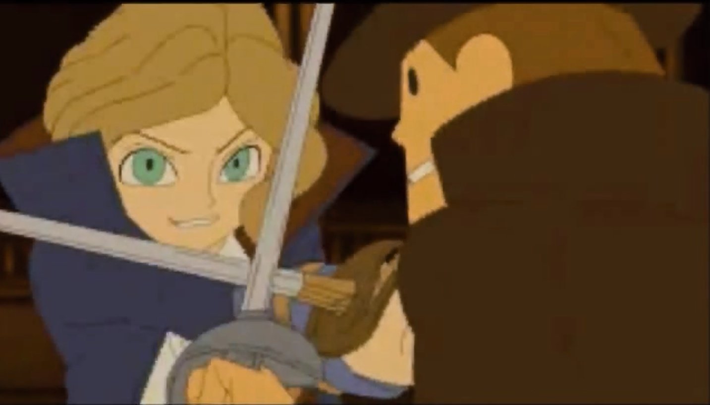 牧 レイトン先生が剣を振ったのは2回 アンソニーに 剣を取れよ って挑発された時 悪魔 の箱 と ルークに これ使って って投げられた時 レイ逆 それ以外は その辺にある機械の部品だったり棒きれだったり 先生の武器はいつもその場しのぎなのだ