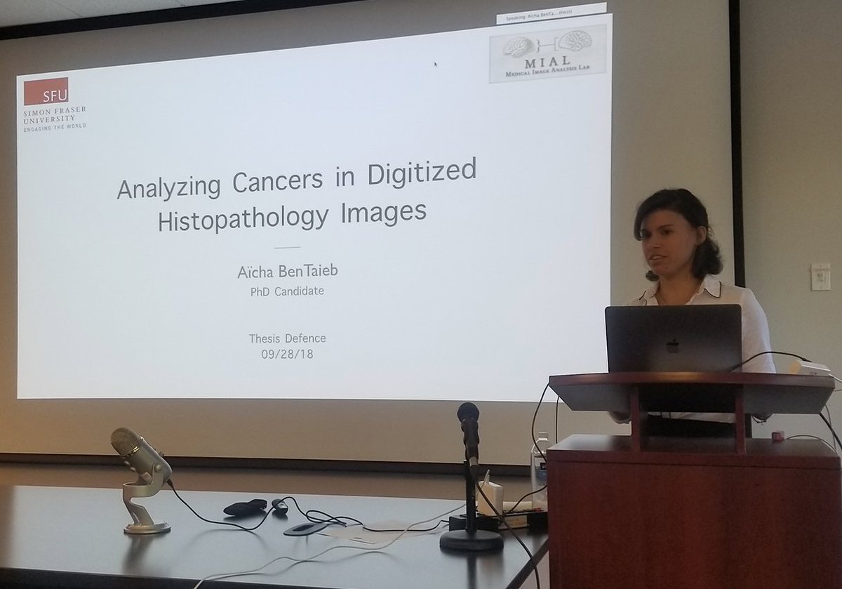 Hamarneh_MIA's tweet photo. Congratulations to Dr. Aïcha BenTaieb for a successful PhD thesis defence! "Analyzing #Cancer In Digitized #Histopathology Images"
papers: https://t.co/U7b1Tv5QOx 
webpage: https://t.co/A7AhlMEJbT
#MachineLearning #DeepLearning #pathology #ComputerVision https://t.co/dnPmHPxkGT