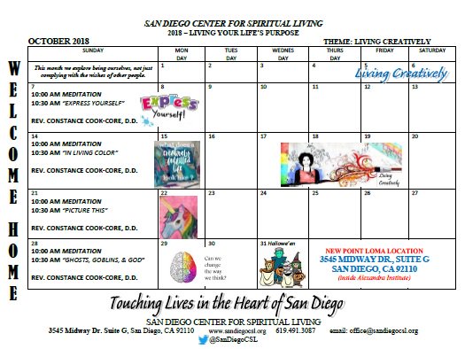 SanDiegoCSL's tweet photo. Hey #SanDiego,
Our New #Calendar is out!
October Theme: #LivingCreatively
Join us this month as we explore being ourselves, not just complying with the wishes of other people.
#faith #spirituality #metaphysics #creativity #PointLoma #NewThought #ErnestHolmes #lifelessons https://t.co/zjFZ9T1h7I
