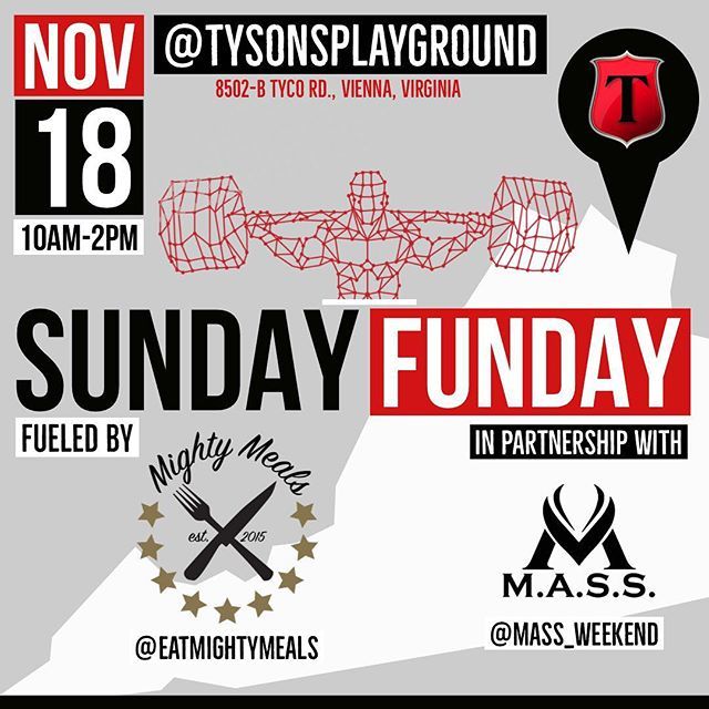 massweekend's tweet photo. #SAVETHEDATE ‼️SUNDAY [NOV 18] for a special {#SUNDAYFUNDAY @TysonsPlayground}.
.
Complimentary FOOD provided by @eatmightymeals .
.
.
@uspapower @uspa_east .
.
#tysonsplayground #massweekend #tpstrong #eatclean #traindirty #naturalmuscle #powerlifting #… https://t.co/O9J1G7Rgre https://t.co/GVgl8hkG3O