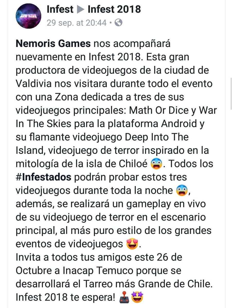 nemorisgames's tweet photo. Estaremos en #infest2018 en Temuco. No se lo pueden perder! #videojuegos #videogames #event #tarreo #chile #temuco https://t.co/fUIXs6zVnM
