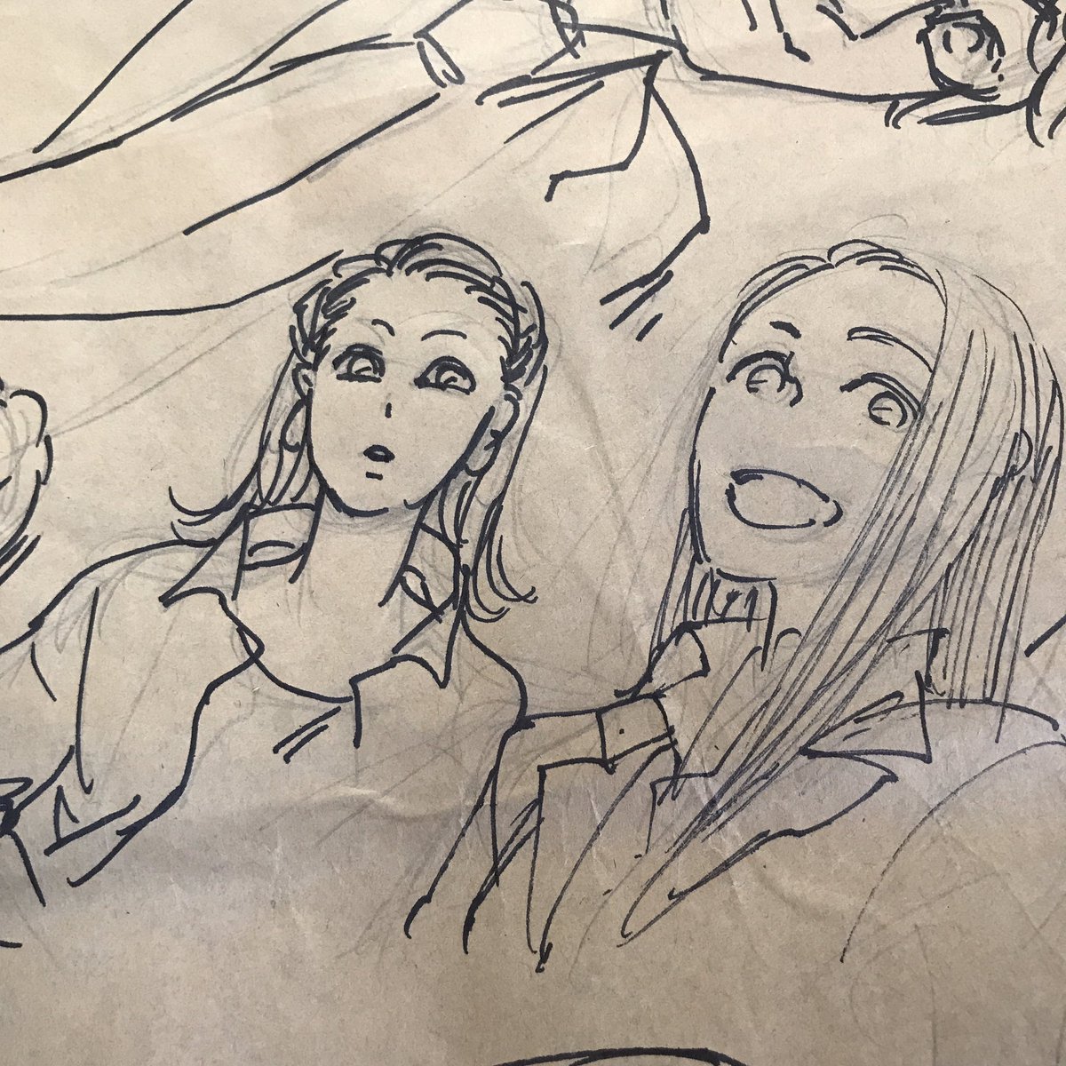デカい紙捨てる前になんか描きたくて。ライハとモアがかわいく描けた。 