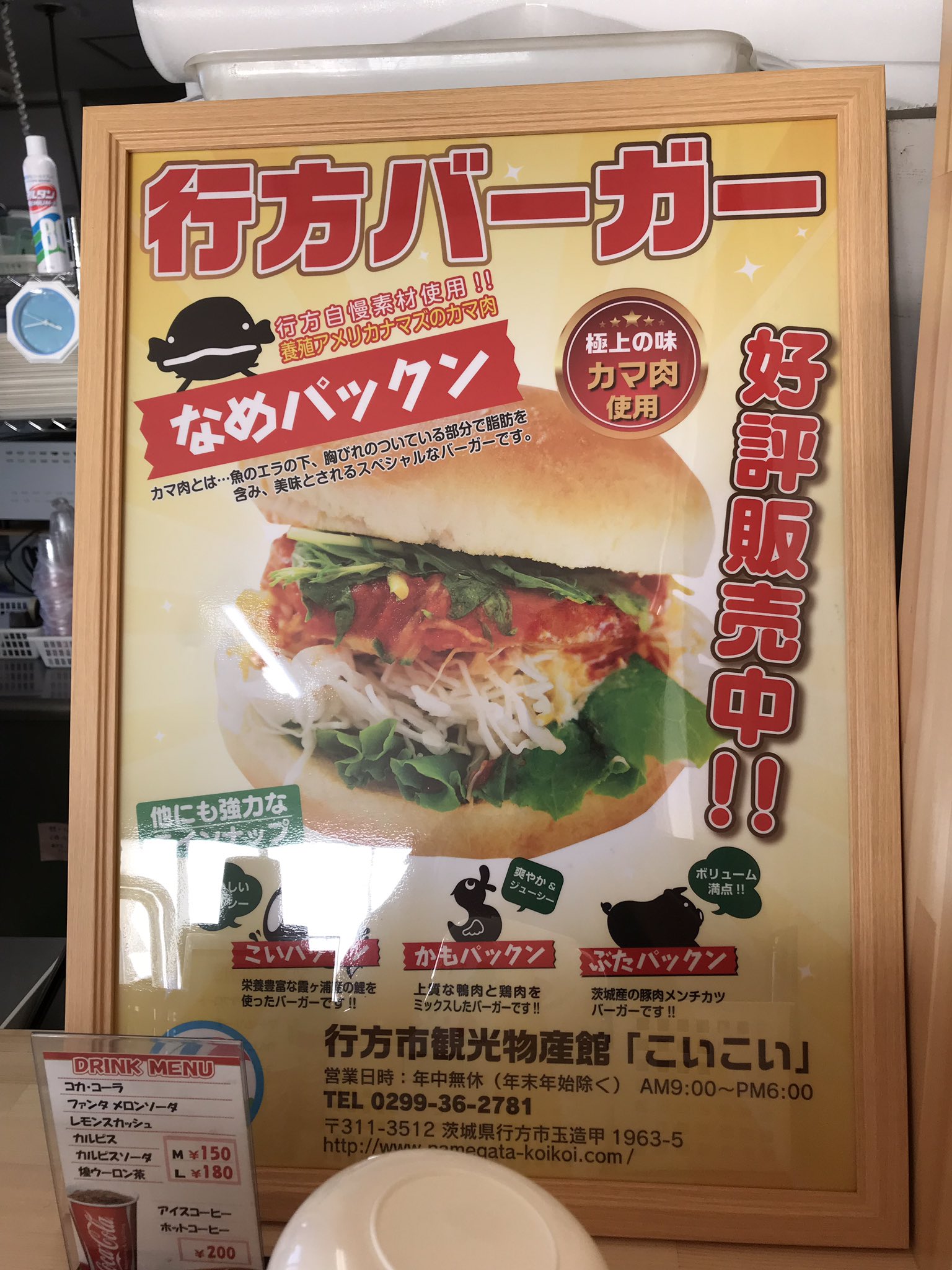 もっちゃん 休止中 霞ヶ浦の道の駅 たまつくりの観光物産館フードコートで 行方バーガーっていうの見つけた ナマズとか鯉とか めっちゃ食べてみたい と思ったら鴨バーガー以外売り切れ 鴨バーガー頼んでみた ピリ辛