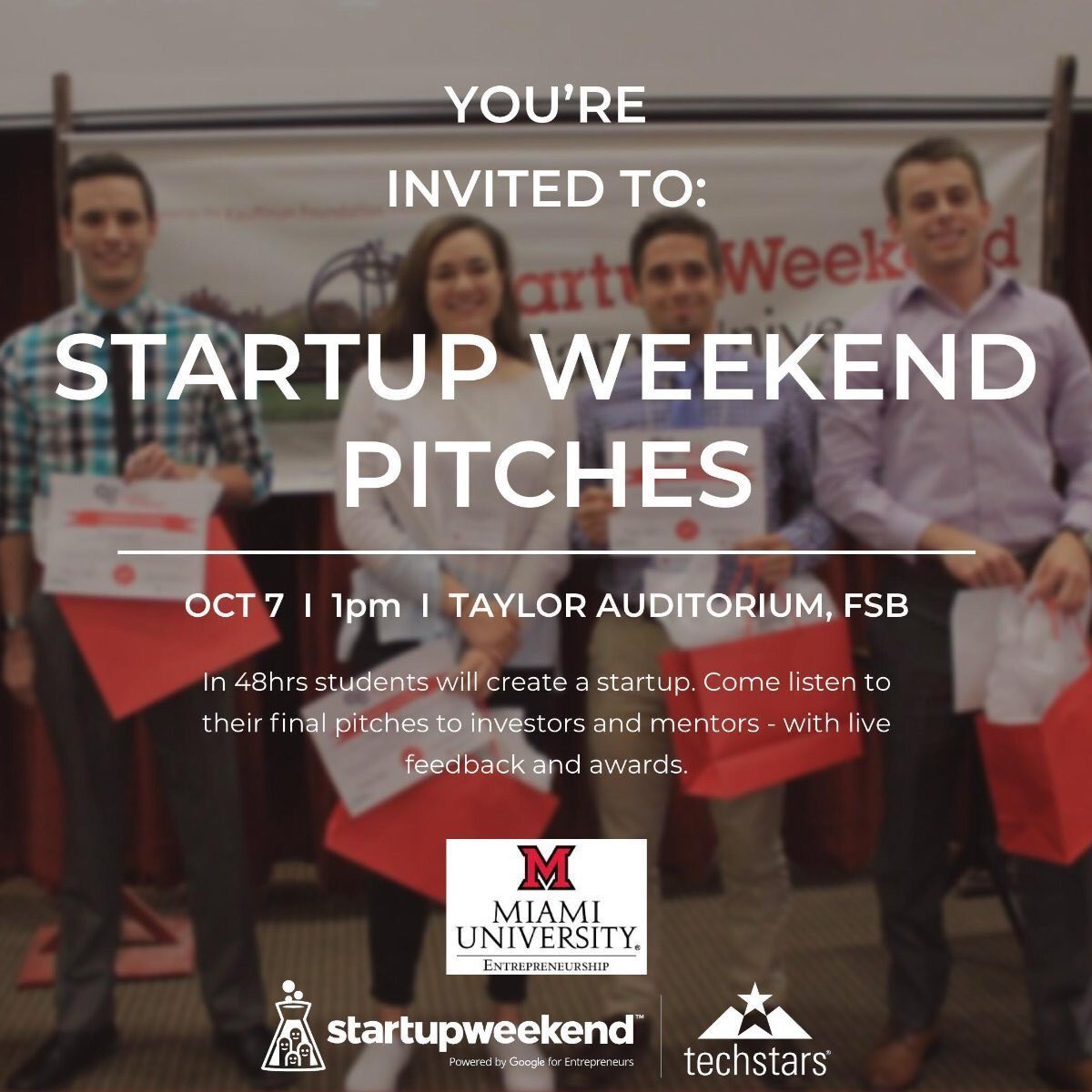 MiamiU_ENT's tweet photo. In just 48hrs over 100 students have formed teams and taken an initial idea to a final pitch at #miamistartupweekend at @FarmerSchoolMU. Join us at 1pm in Taylor Auditorium to watch the teams pitch to investors @StartupWeekend @techstars #MUSW https://t.co/7AKOVswHXO