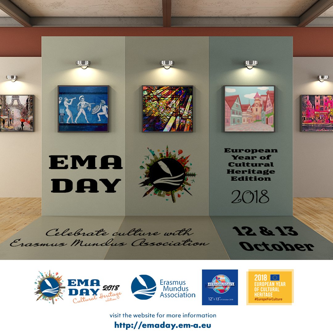 Erasmus_Mundus's tweet photo. EMA DAY 2018 - A CROSSROAD OF GLOBAL CULTURAL DIVERSITY

On 12th &amp; 13th October, join us to celebrate 🌏 #EMADay in your city!
We want your #EMAzing pictures &amp; stories! 
It will be lots of fun, memories &amp; laughter! 🤩 Stay tuned! 🚀

More details here:  https://t.co/WjMw2XP0QJ https://t.co/bheJqGjnTH