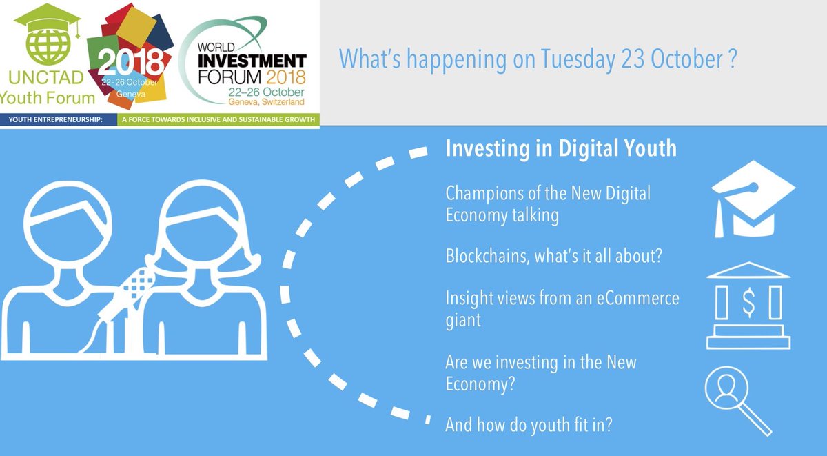 UNCTADYouth's tweet photo. The #UNCTADYouthForum18 will be talking about investing in #digital #youth. Meet the #netpreneurs, champions of the new economy #eFoundersFellowship, joint program w/ @AlibabaGroup . Join the discussion from 22-26 October in Geneva, part of the @unctadwif ! #ShapingTheWorlWeWant https://t.co/C3pdjj8uOQ