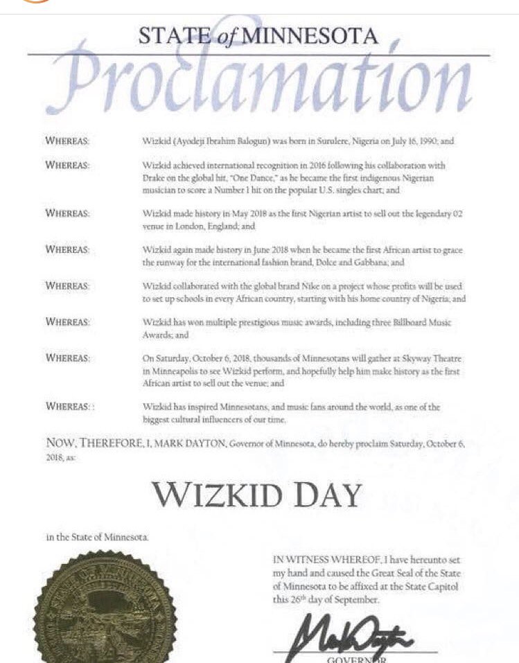 AfricaFactsZone's tweet photo. Minnesota State, USA sets aside a day, Wizkid Day to celebrate global superstar, Wizkid. https://t.co/kdLCy9Q87e