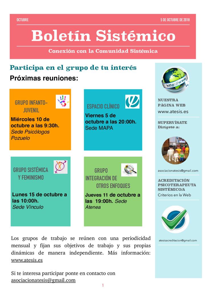 A_Atesis's tweet photo. ¡Nuestro Boletín Sistémico de octubre!

Aún estás a tiempo de apuntarte al campamento sistémico de otoño, donde podrás disfrutar de un encuentro con otros profesionales sistémicos en el agradable entorno de la sierra de Madrid.

#atesis #terapiasistemica #campamentodeotoño https://t.co/8w5Dgzfrpn