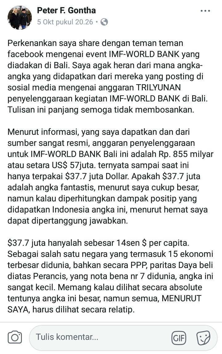 danrem's tweet photo. Mengenai IMF-WB Annual Meeting Pak @PeterGontha berbagi di laman FB-nya tentang anggaran yg banyak dibahas akhir-akhir ini. https://t.co/6YsCO8VN6P