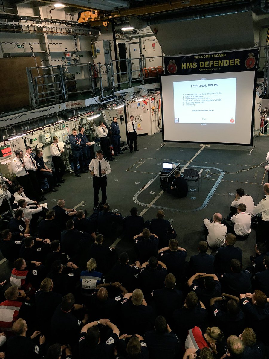 HMSDefender's tweet photo. Team @HMSDefender learning about what the coming weeks have in store as we embark on our @FOST Operational Sea Training. #OST #WatchEachOthersBack #OneShipWholeShip #BrowniaGoodGingerBad #BedBags https://t.co/ugKnIqEfwj