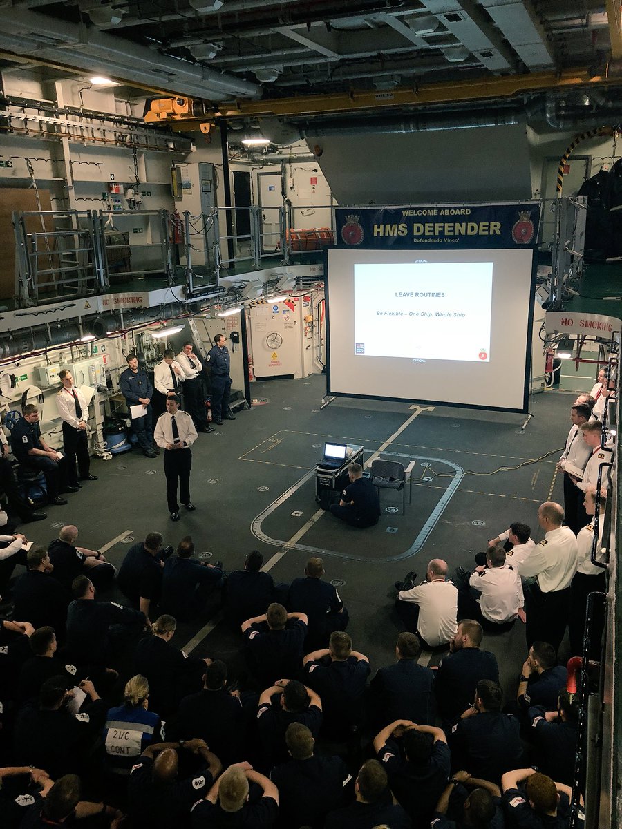 HMSDefender's tweet photo. Team @HMSDefender learning about what the coming weeks have in store as we embark on our @FOST Operational Sea Training. #OST #WatchEachOthersBack #OneShipWholeShip #BrowniaGoodGingerBad #BedBags https://t.co/ugKnIqEfwj