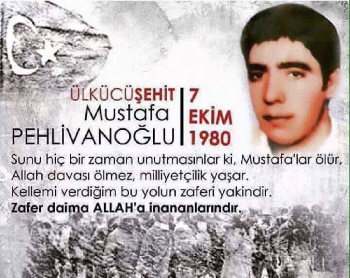 "Mustafalar ölür, Allah davası ölmez, milliyetçilik yaşar. 
Ülkücü şehidimiz #MustafaPehlivanoğlu'nu şehadetinin yıldönümünde rahmet, minnet ve dua ile anıyorum. Ruhu şad, mekanı Cennet olsun.