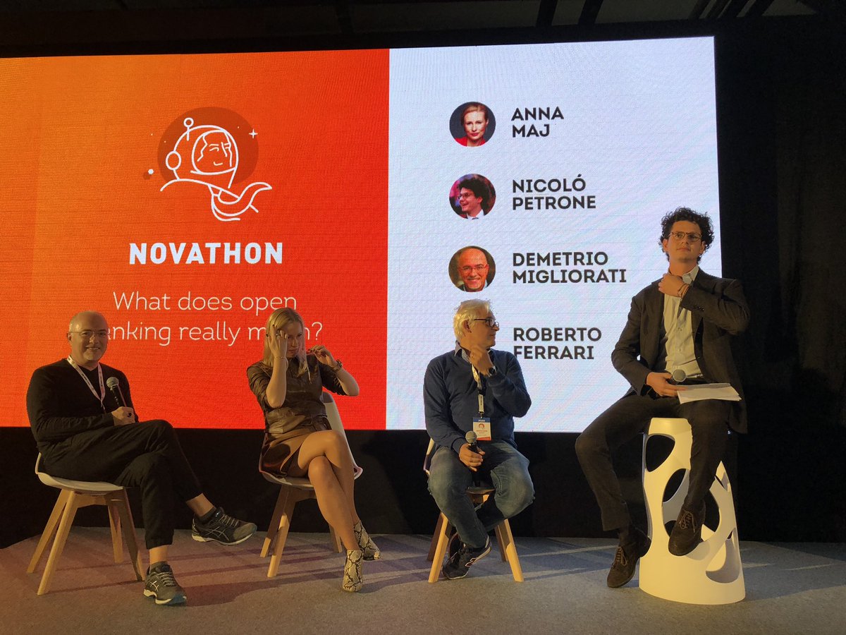 robbieprofeta's tweet photo. The very witty @nicolo_petrone moderating 3 seriously top notch pros re #openbanking —> @ferrarirobtweet @anna_maria_maj @migliorati_dem #novathon2018 #novathonwithvub https://t.co/TEjLhTpGRN