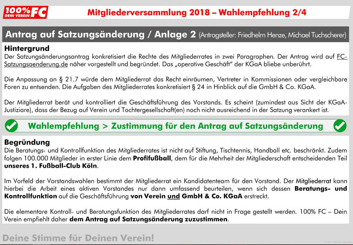 100proFC's tweet photo. Der zweite Satzungsänderungsantrag von Friedhelm Henze und Michael Tuchscherer möchte die Rechte des Mitgliederrates konkretisieren. Was der Antrag genau verbessern will und warum wir eine Wahlempfehlung aussprechen, erfahrt ihr hier: https://t.co/EkEHATDIaL #effzeh https://t.co/bgyNn64ecs