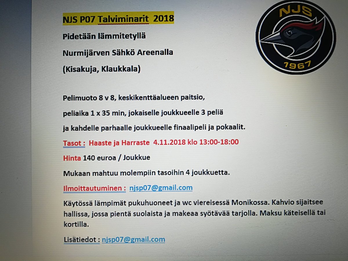 Vuonna 2007 syntyneiden Harraste/Haastetasolle tulossa 4.11. 2018 minari Nurmijärven Sähkö Areenalla. Lisätiedot ja ilmoittautuminen njsp07@gmail.com 🏆⚽