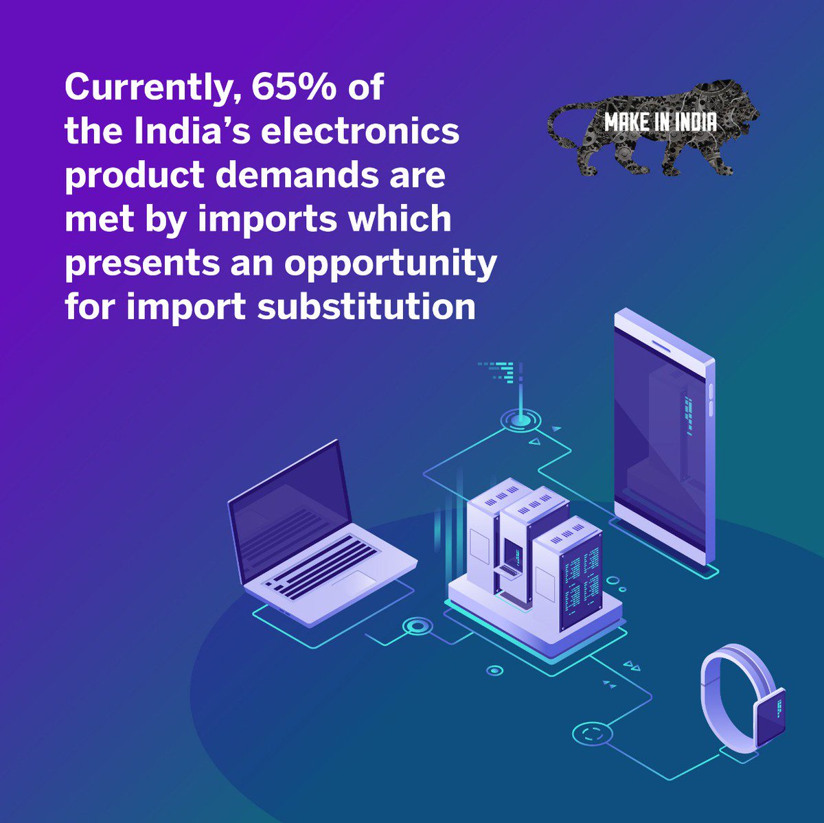 India meets 65% of its current demand for electronic products by imports which presents a golden opportunity for import substitution #NewIndia #IndiaMeansBusiness <a href="/CimGOI/">Minister of Commerce and Industry</a> @DIPPGOI