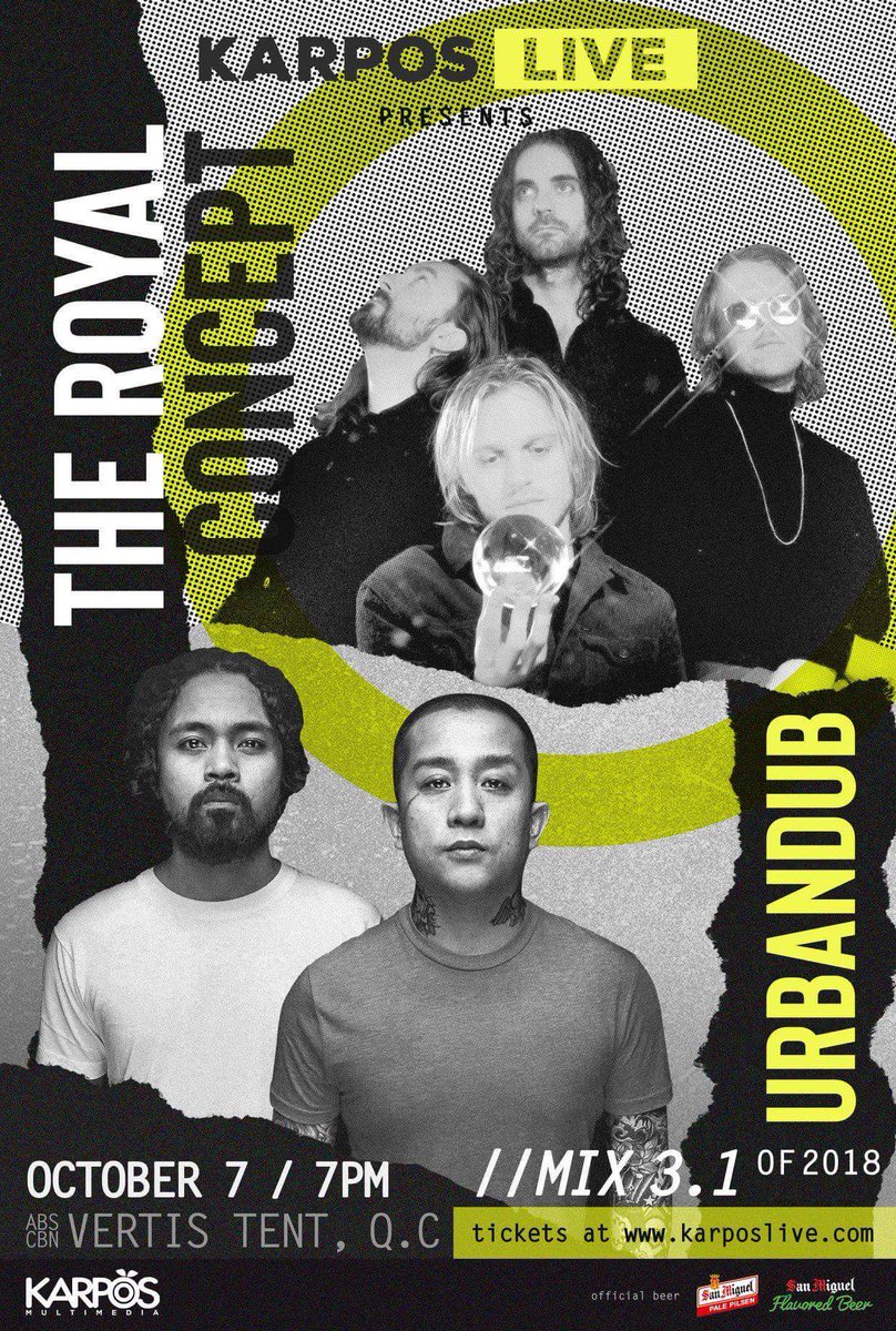 mtvph's tweet photo. @KarposLive's first ever homegrown + international act show, catch one of our own veteran artists, @urbandub take on the stage with Swedish rock &amp; funk band, @theroyalconcept for #karposlive mix 3.1

oct 7 | abs cbn vertis tent
tickets at https://t.co/yFKnB6Izic

#MTVphxKarpos https://t.co/7iF03YIwvk