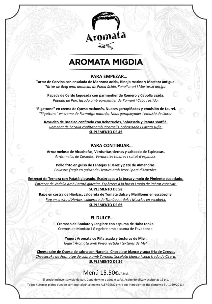 Este es nuestro nuevo #menú de mediodía. Recordad que, a partir de mañana, cerramos 🔒 los DOMINGOS y los LUNES. Reserva tu mesa por teléfono 971495833 o través de nuestra web aromatarestaurant.com by <a href="/AndreuGenestra/">𝗔𝗻𝗱𝗿𝗲𝘂 𝗚𝗲𝗻𝗲𝘀𝘁𝗿𝗮</a>