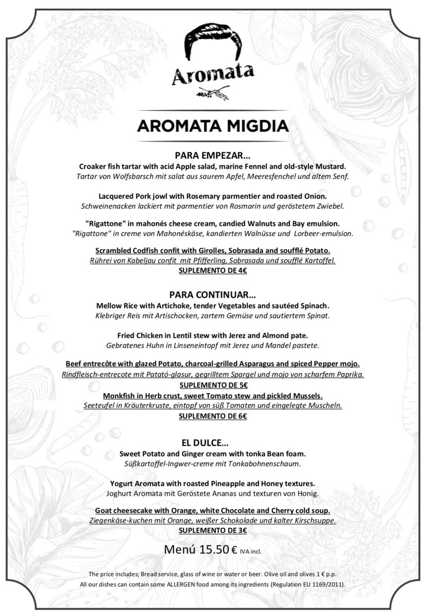 This is our new weekday #lunchtime #menu. To let you know that from tomorrow, the #restaurant will be closed 🔐 on Sundays and Mondays. Reserve your table by phone 971495833 or through our webpage aromatarestaurant.com by <a href="/AndreuGenestra/">𝗔𝗻𝗱𝗿𝗲𝘂 𝗚𝗲𝗻𝗲𝘀𝘁𝗿𝗮</a>