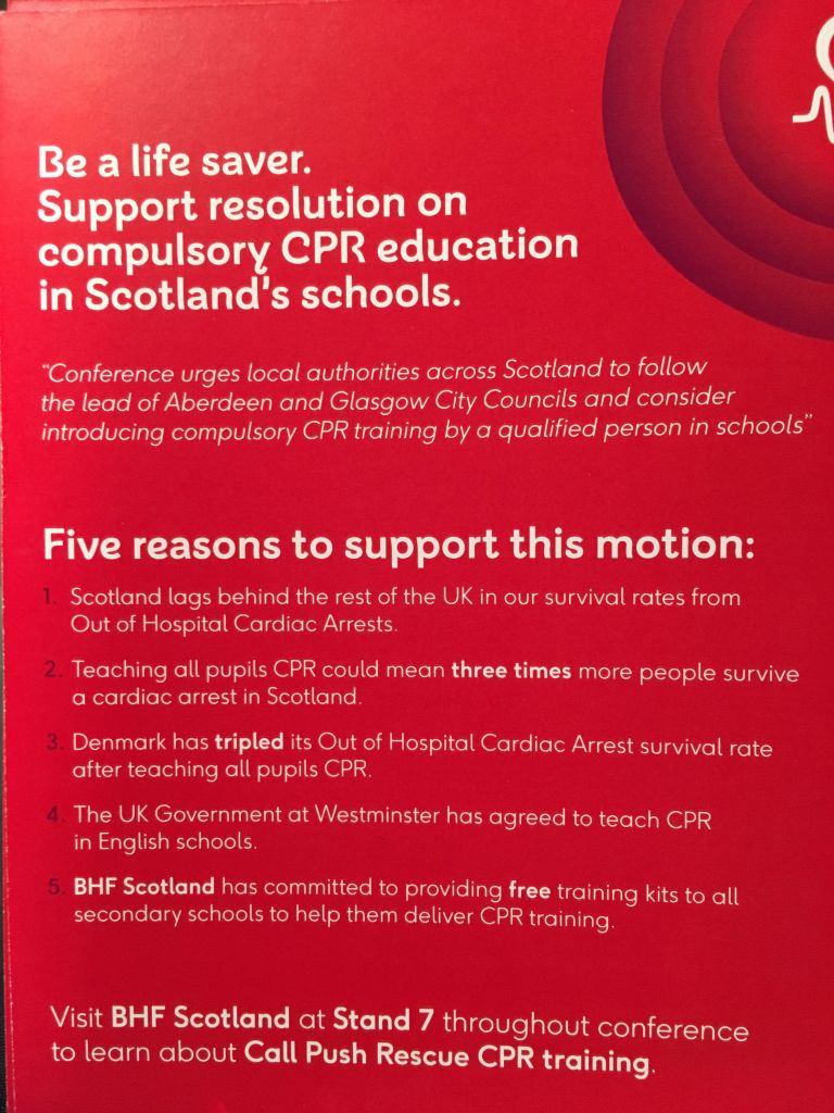 BHFScotland's tweet photo. Here are five reasons why you should support the motion on CPR education in Scotland’s schools at #SNPConf this afternoon. 

#SNP18 https://t.co/VKTVLqF1Jx