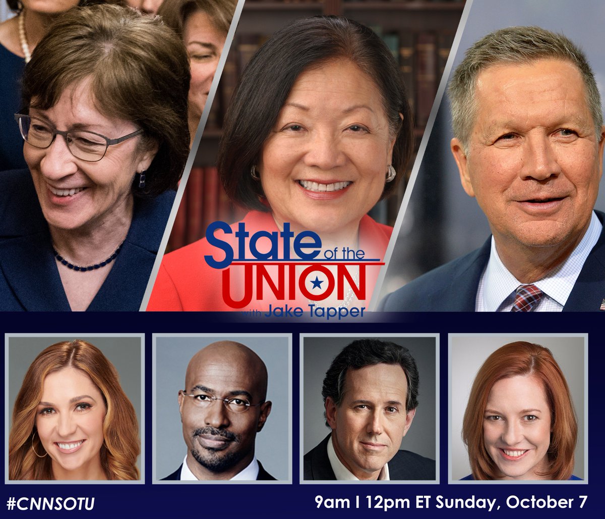 CNNSOTU's tweet photo. Good Morning! Today on #CNNSOTU: @DanaBashCNN, @SenatorCollins, @MazieHirono, @JohnKasich, @amandacarpenter,@VanJones68, @RickSantorum, &amp; @jrpsaki. Tune in on @CNN, @CNNi, @SiriusXM Ch 116 &amp; https://t.co/FhaqYPemhI! https://t.co/D64mylLo5u