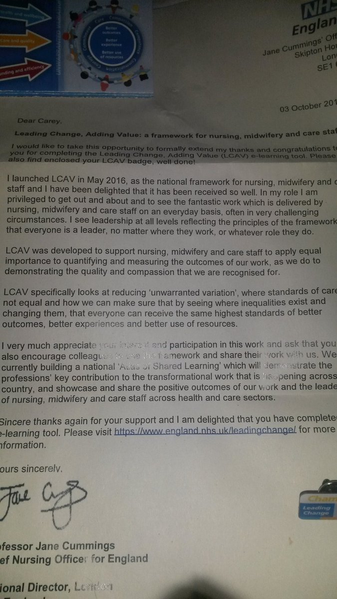 CareyRoberts17's tweet photo. Thrilled with my badge and letter from Professor Jane Cummings. Please visit https://t.co/J0oMWu37jp #leadingchangeaddingvalue to complete your e-learning tool https://t.co/hPc3lXx4Za