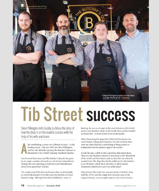 butchersquarter's tweet photo. Nice article about the shop from the Industry’s Leading Publication in this month’s MeatManagement. #Butchers #Meat #Local #manchester #tibstreet #nq #sunday #sucess #meatmanagement https://t.co/Kcs3j24h0c