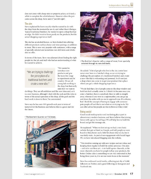 butchersquarter's tweet photo. Nice article about the shop from the Industry’s Leading Publication in this month’s MeatManagement. #Butchers #Meat #Local #manchester #tibstreet #nq #sunday #sucess #meatmanagement https://t.co/Kcs3j24h0c
