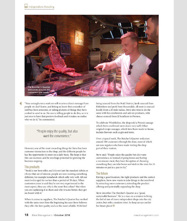 butchersquarter's tweet photo. Nice article about the shop from the Industry’s Leading Publication in this month’s MeatManagement. #Butchers #Meat #Local #manchester #tibstreet #nq #sunday #sucess #meatmanagement https://t.co/Kcs3j24h0c