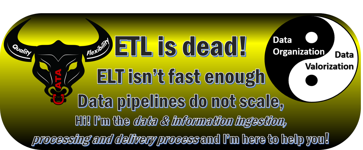 FSDataArchitect's tweet image. ETL is dead!
ELT isn’t fast enough,
Data pipelines do not scale
Hi! I’m the data &amp;amp; information ingestion, 
processing and delivery process and I’m here to help you! #Fullscaledataarchitecture