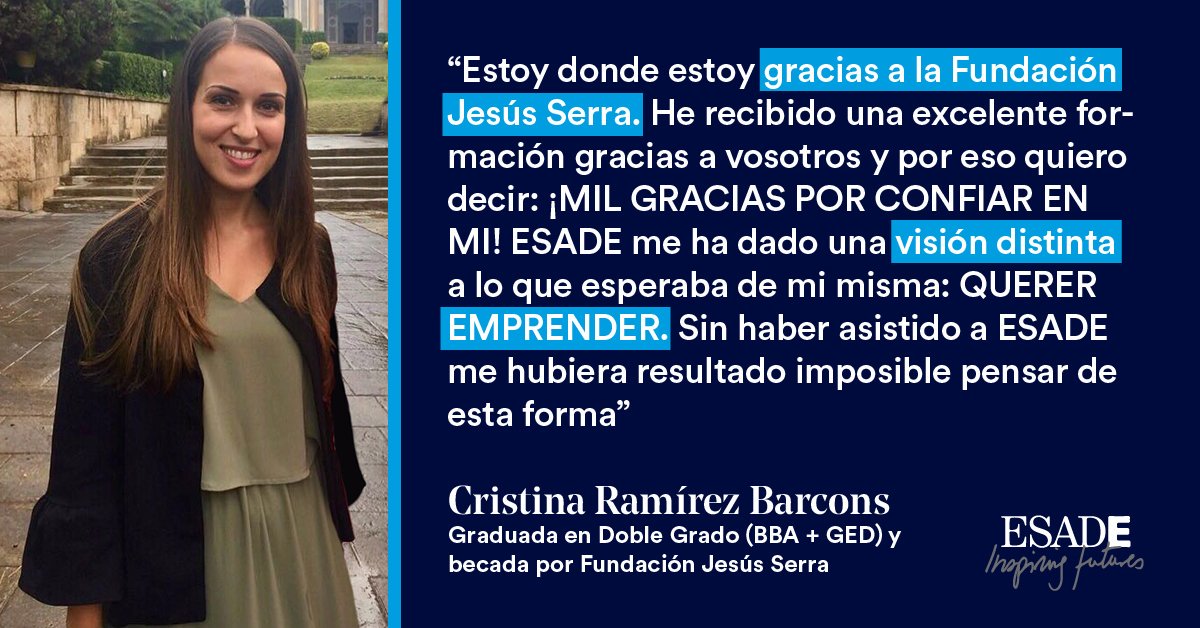 Esade's tweet photo. Talento, esfuerzo y aptitud para hacer realidad sus sueños, así lo ha conseguido Cristina Ramírez, #ESADEBBA alumni premiada con una beca Talento: https://t.co/pySITMuDGO
#Challenge4Talent https://t.co/UgZCOoD44t