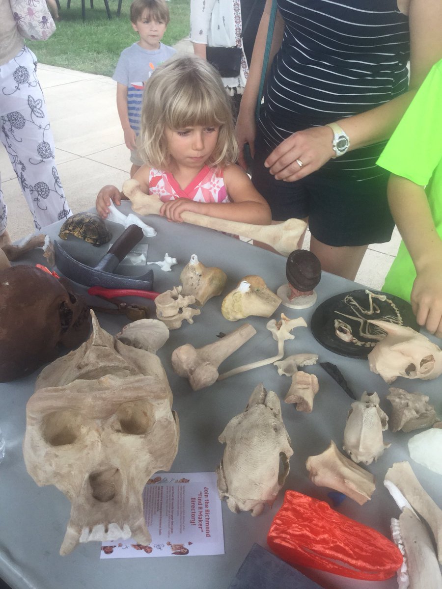 VCLatVCU's tweet photo. This photo would be humorous but she’s holding a femur #virtualcurationlab #rvamakerfest #rvamakerfest2018 https://t.co/a7sZGOheqC