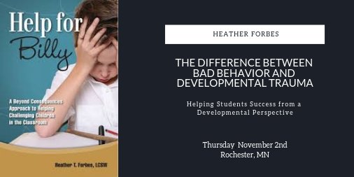 Learn from <a href="/HeatherTForbes/">Heather Forbes</a> in this small group, full day session on Nov 2nd in Rochester, MN. The session will be an interactive and practical opportunity to learn from a leading expert on trauma. resilienceimpact.com/events #traumainformed #k12 #mnlead #suptchat