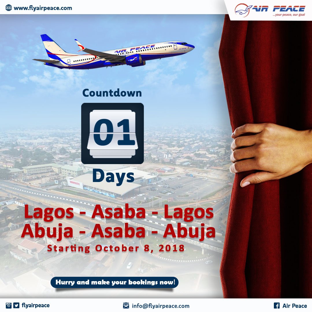 flyairpeace's tweet photo. 1 Day to Go!! Hurry & make your bookings as the countdown to our Asaba route continues. Asaba returns to our route network, starting October 8, 2018. #AsabaConnect #DeltaLaunch #AirPeaceInTheBigHeart @DeltaState_Ng @iam_kcee @theafritraveller @mamajaviation @ubongking @markidiahi https://t.co/33iqxLKxEq