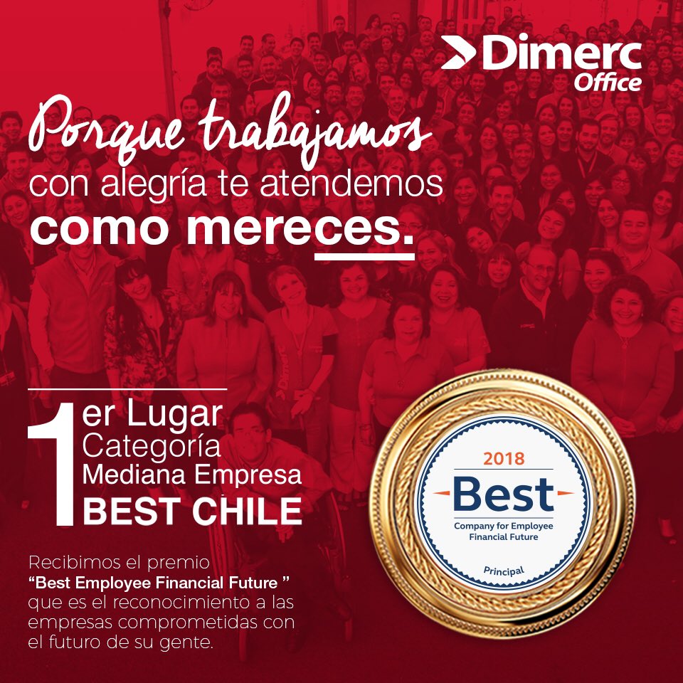 DimercChile's tweet photo. ESTAMOS FELICES 😃😃

La empresa de pensiones e inversiones Principal entregó a Dimerc el primer lugar de Best Chile 2018 en la categoría de Mediana Empresa, reconociendo su compromiso a contribuir en el bienestar y salud financiera de sus colaboradores. #MeGustaDimerc #Dimerc https://t.co/8J1NuHBmtN