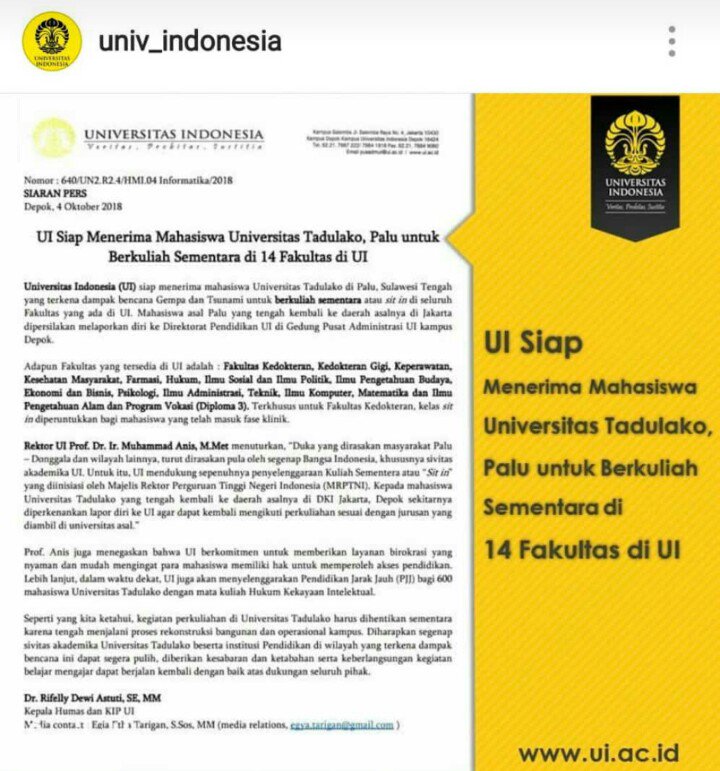 univ_tadulako's tweet photo. Untuk adik2 yg ada di Jakarta, depok dan sekitarnya dapat mengikuti kuliah sementara di @univ_indonesia tetap semangat belajar. #PrayforPalu #SultengBangkit #uipeduli https://t.co/SCB53PCKw0