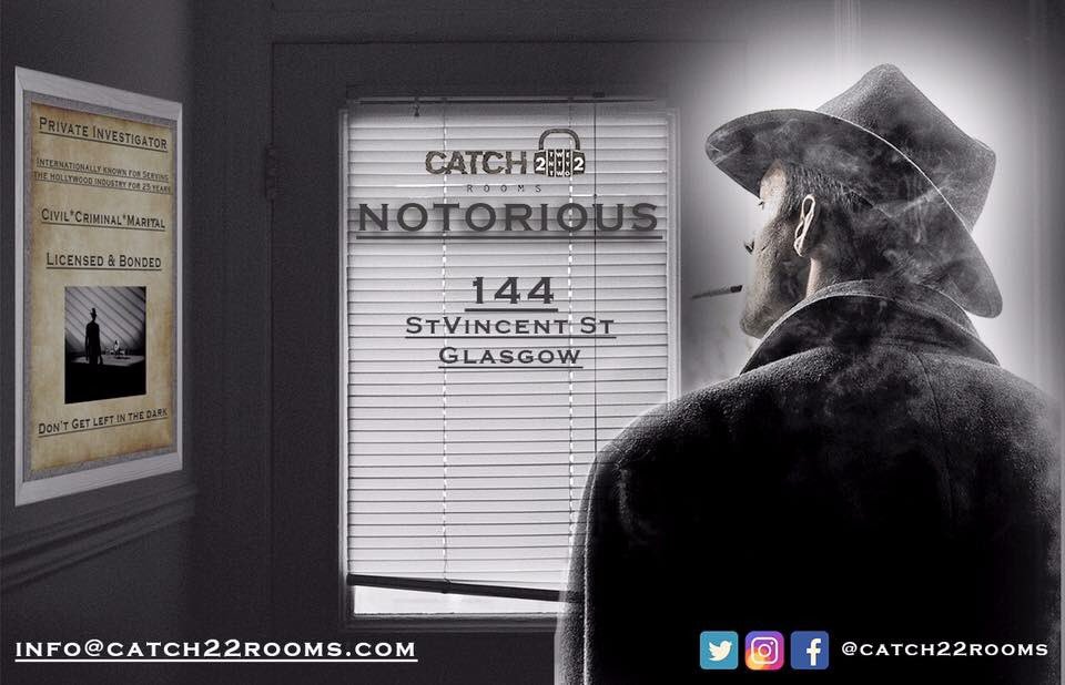Catch22Rooms's tweet photo. One of three new exciting escape rooms. Catch22rooms Presents ‘Notorious ’ 

Contact us for more information 🕵️‍♂️

@catch22rooms the newest #escaperoom experience 
#glasgowlife #glasgow2018 #glasgowescaperoom https://t.co/F5WxxJCwfW