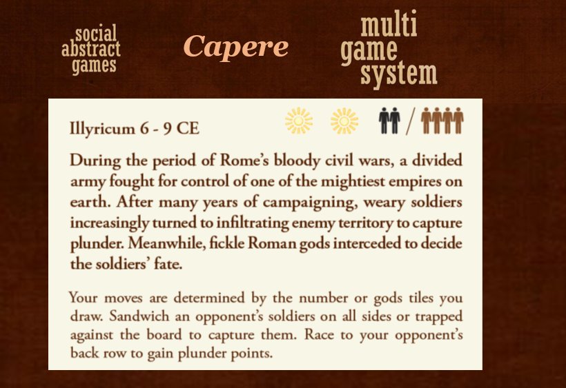 PlayfordGames's tweet photo. Ancients to Essen - 6-9 CE - 18 Days to Essen

Capere is a light, card-driven strategy game, published by retired LA teacher Paul Ali.  It can now be played using tiles from the Ancient World Multi Game System. #essenspiel #brettspiele #brettspiel #bgg #boardgame #tabletop https://t.co/5UA18NJJSh