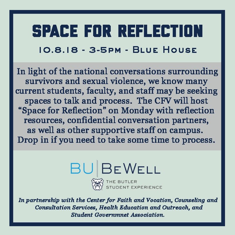 SGAPresidentBU's tweet image. I understand how recent national conversations and events can cause students to need time to reflect. Please feel free to take advantage of this opportunity at the @ButlerCFV on Monday.